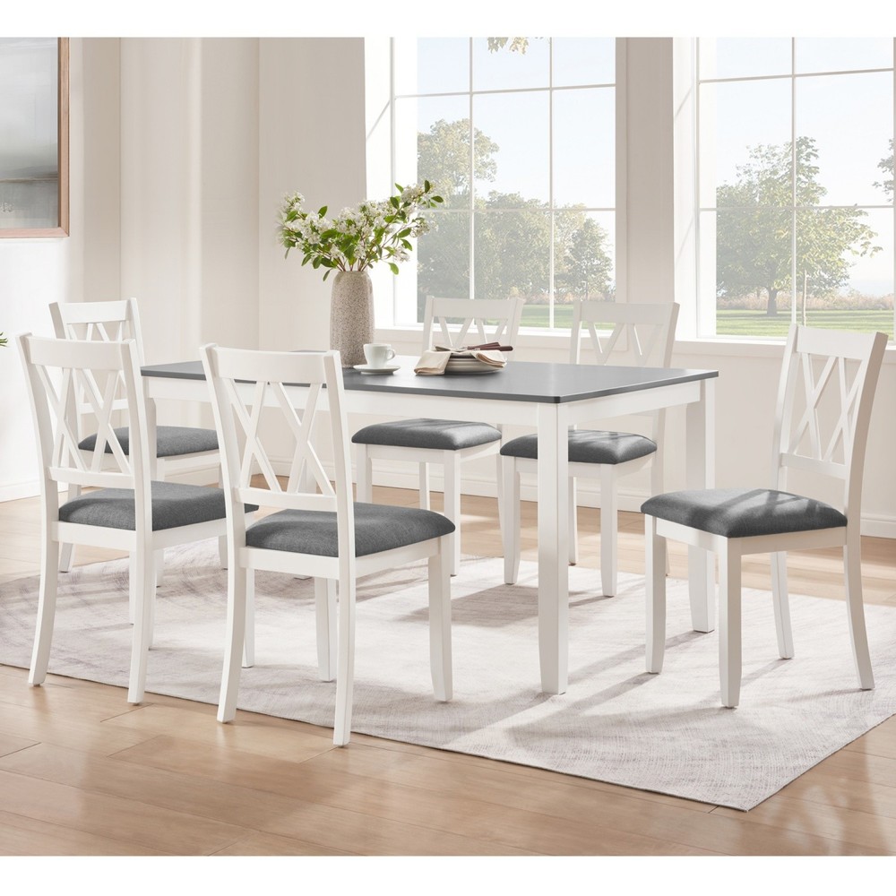 7 Piece Modern Solid Wood Frame Dining Table Set w/ 6 Linen Upholstered Chairs