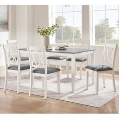7 Piece Modern Solid Wood Frame Dining Table Set w/ 6 Linen Upholstered Chairs
