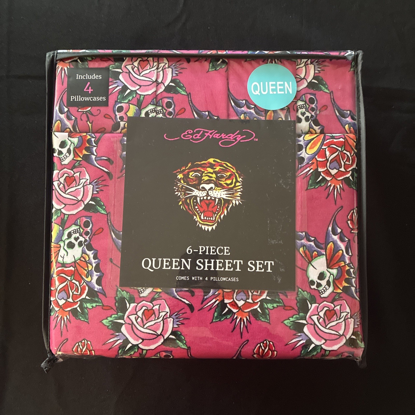 Ed Hardy Queen 6-Piece Sheet Set Pink Skull Roses Butterfly Print New Y2K gallery