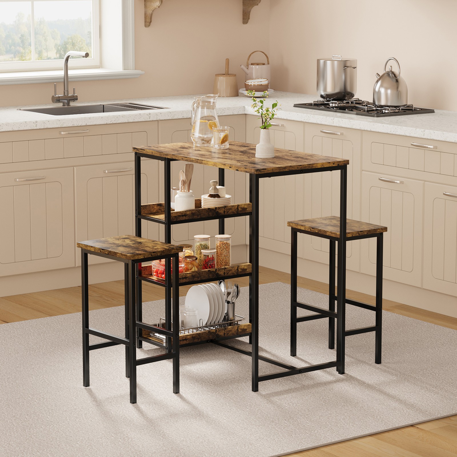 36" Dining Table Set for 2, Kitchen Table and 2 Bar Stools with Storage Shelves gallery