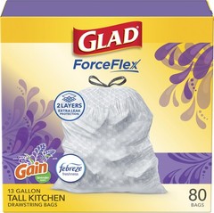 Glad ForceFlex Tall Kitchen Drawstring Trash Bags 13 Gal Gain Lavender 80 Ct