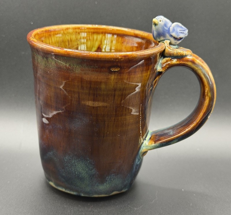 Signed Art Pottery Ceramic Blue Bird Coffee Tea Soup Mug Brown And Blue Glaze gallery