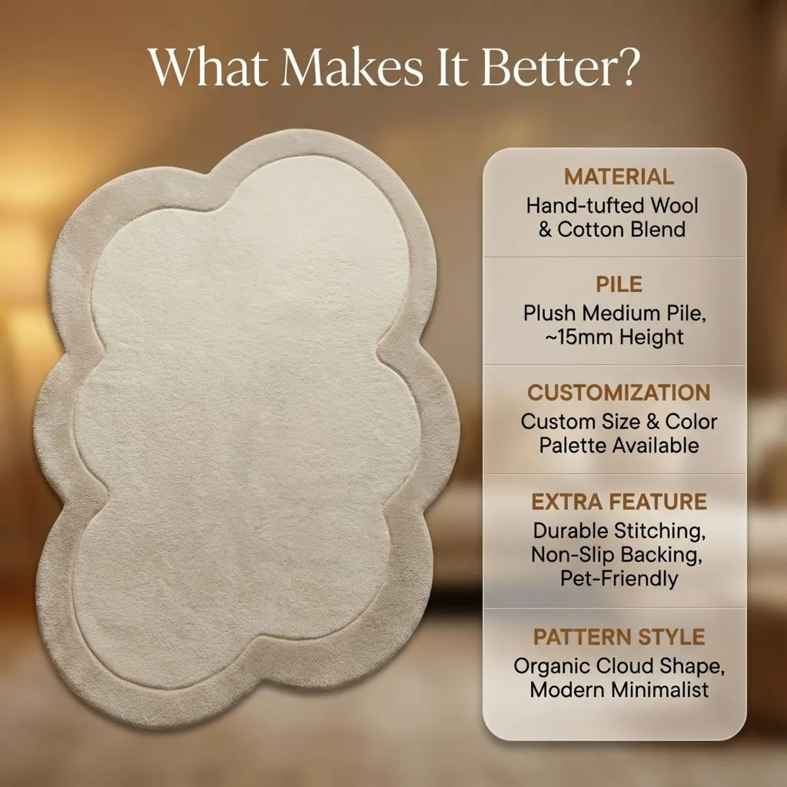 Cloud Shaped Cream Rug – Modern Scandinavian Plush Carpet custom size available gallery