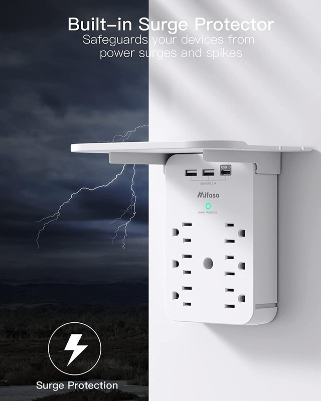 Wall Outlet Extender with Surge Protector, 6 AC Outlets, Shelf, 2 USB & USB C Ch gallery