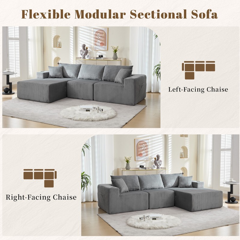 107" Cloud Sofa Comfy Deep Seat Couches Boneless Corduroy Modular Couch 3-piece gallery