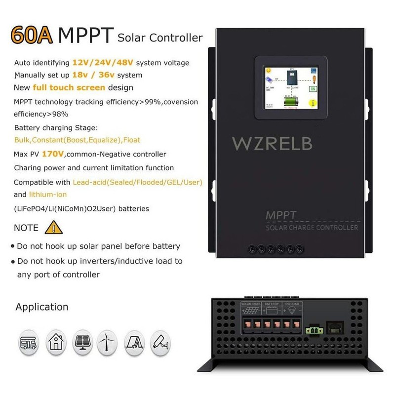 WZRELB MPPT Solar Controller 60A Battery Charger 12/24/36/48V LCD Home 170V Max gallery