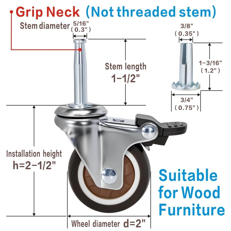 JGJC 2 Inch Stem Rubber Caster Wheels, Swivel Casters Set of 4 with Brake, Ball gallery