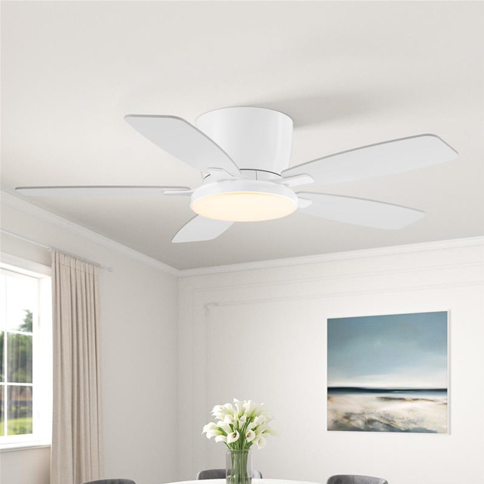 44" Low Profile Ceiling Fan 5 Blades Reversible 6 Speed DC Motor w/ Light, White gallery