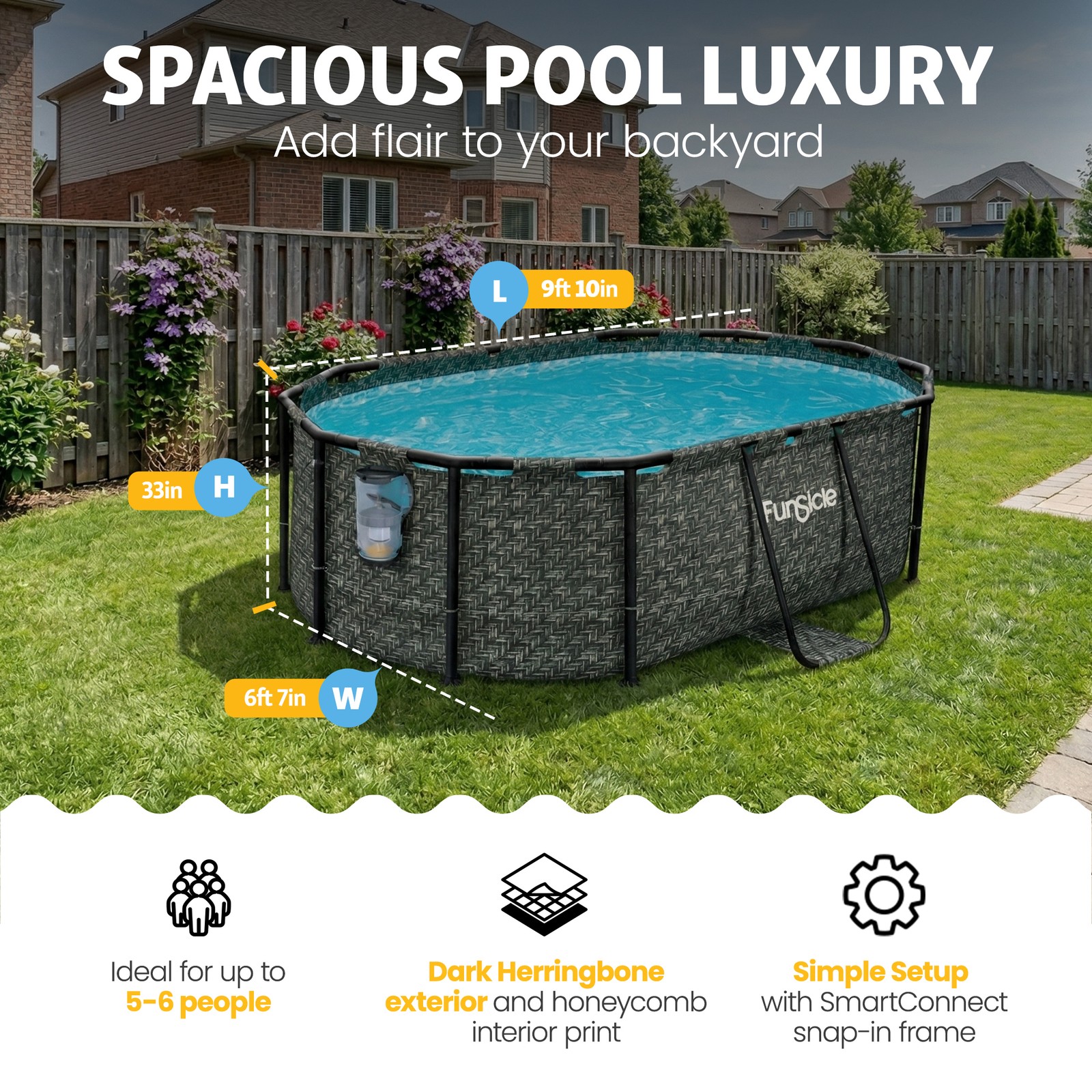 Funsicle 9'10" Oasis Designer Oval Above Ground Pool w/ Pump, Dark Herringbone gallery