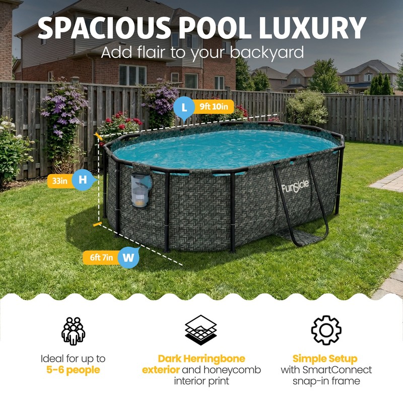 Funsicle 9'10" Oasis Designer Oval Above Ground Pool w/ Pump, Dark Herringbone gallery