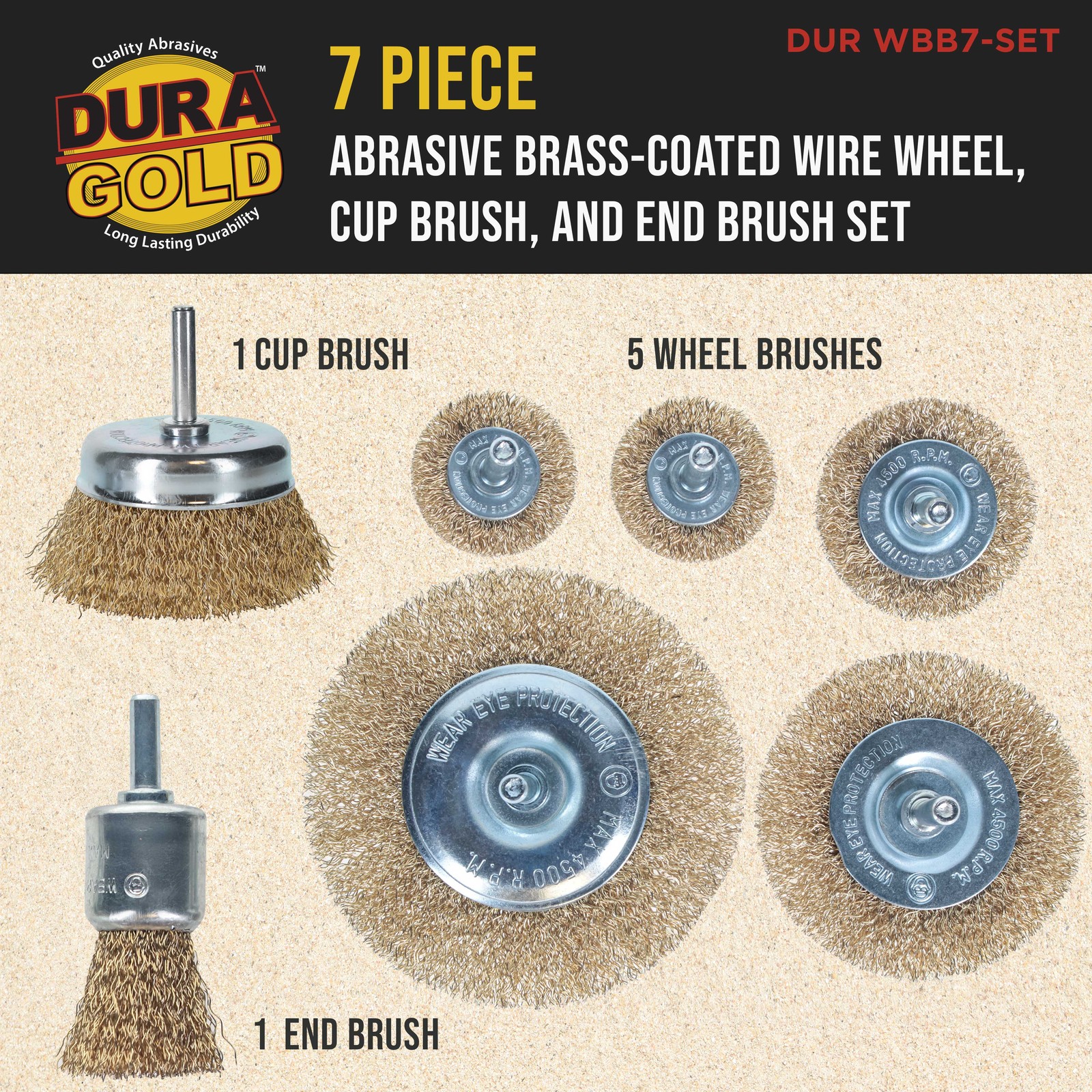 7-Piece Abrasive Brass-Coated Wire Wheel, Cup & End Brush Set, 1/4" Drill Shank gallery
