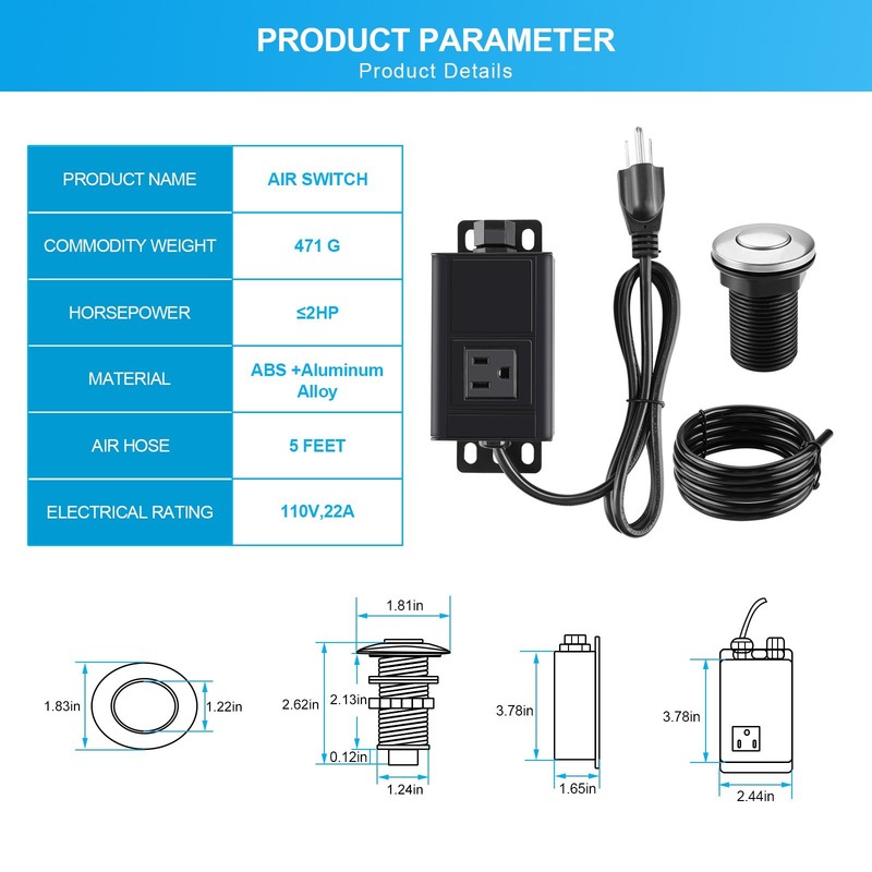 Garbage Disposal Air Switch Kit with Power Cord Kit Stainless Steel 2.5" Button gallery