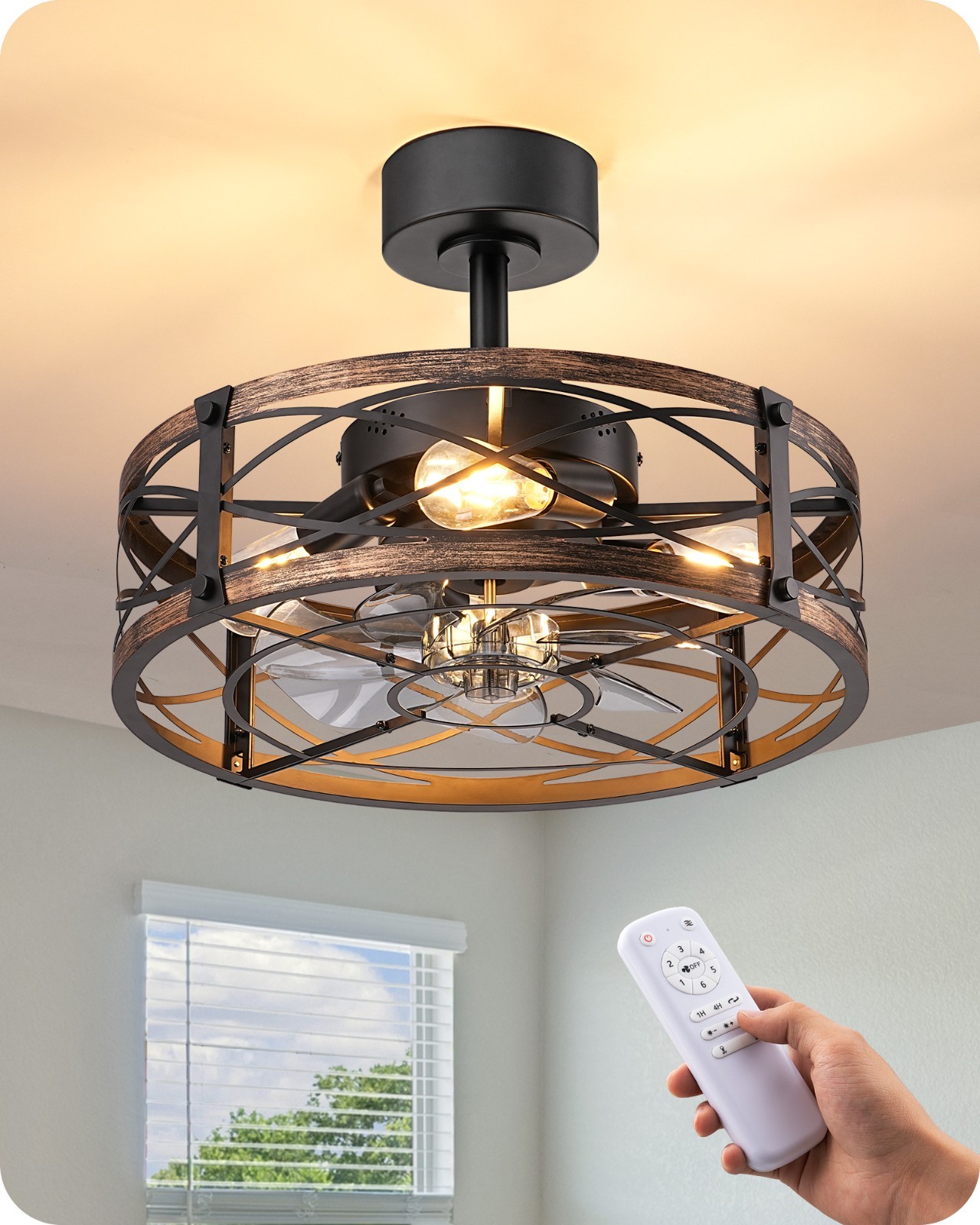 EDISHINE 20" Fandelier Caged Ceiling Fan with Light Dimmable Remote Farmhouse gallery