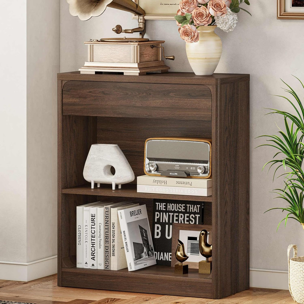 Rustic 3-Tier Bookshelf with Drawer - Modern Wood Storage Unit, Dark Walnut