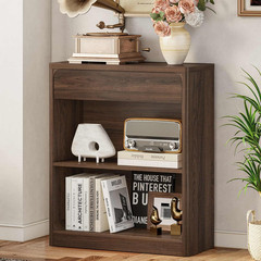 Rustic 3-Tier Bookshelf with Drawer – Modern Wood Storage Unit, Dark Walnut