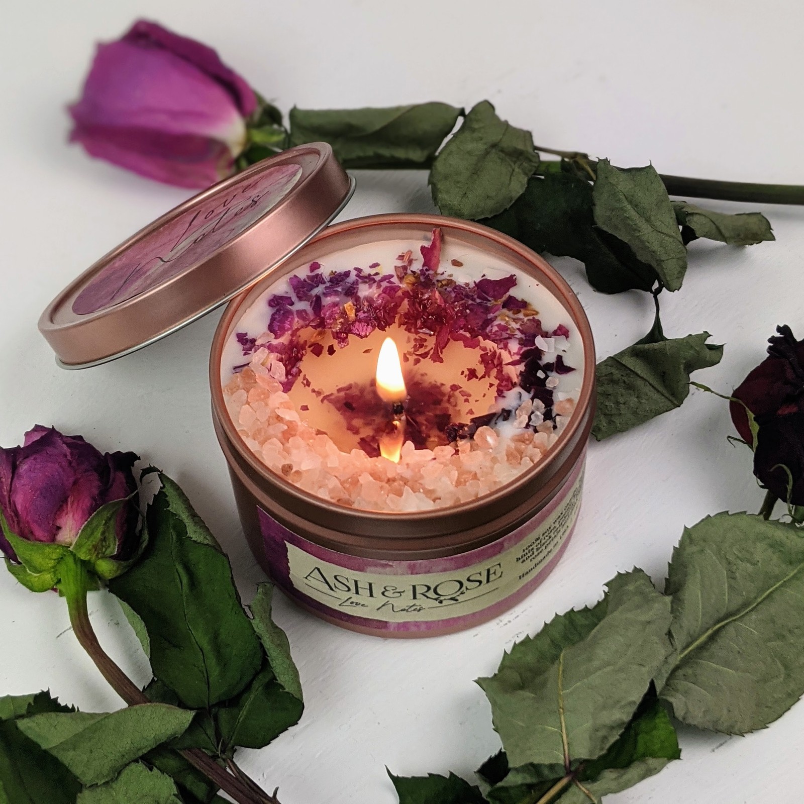 Ash & Rose Love Notes Loaded 8 oz. Tin Candle with Rose Petals and Pink Salt gallery