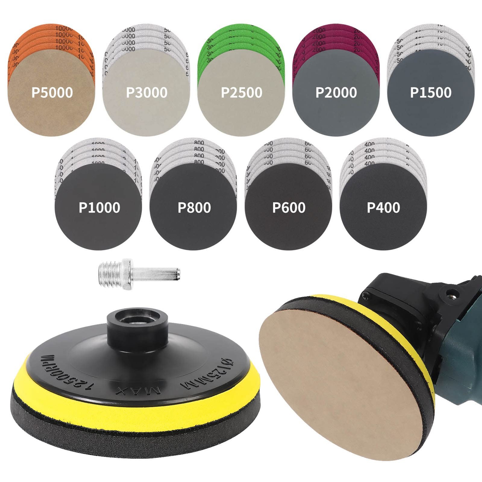 45PCS 5 Inch Wet Dry Sanding Discs Kit with Hook and Loop Backing Pad 5/8-11 and gallery