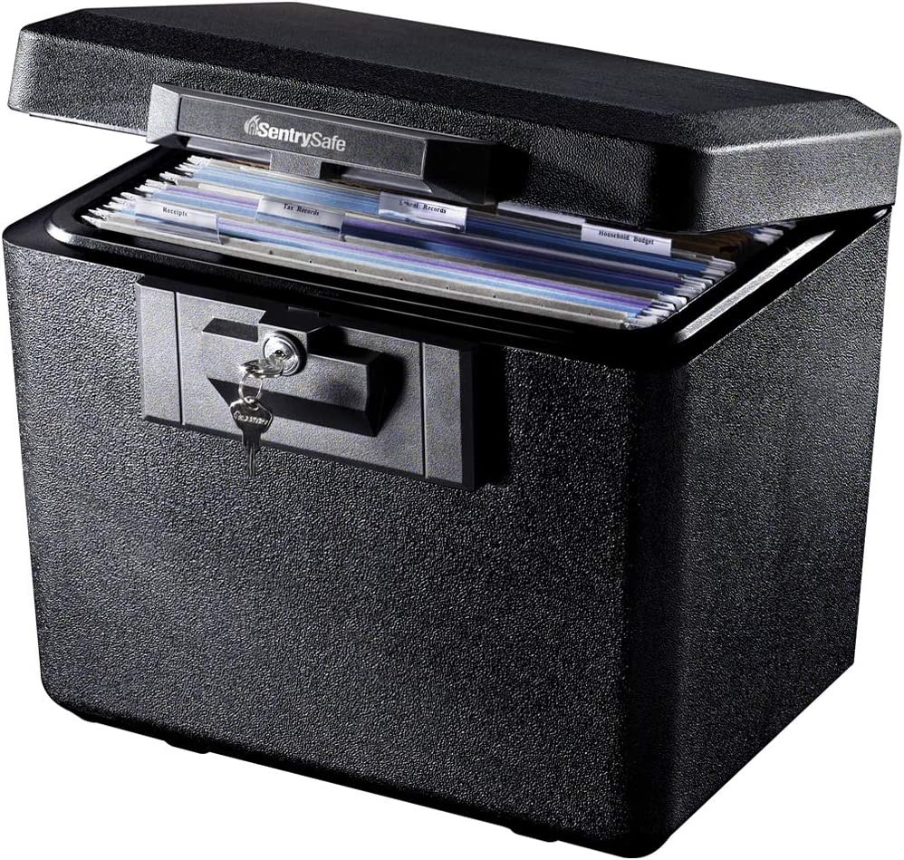 Black Fireproof Document Box with Key Lock, Safe Secures Files and Documents for gallery