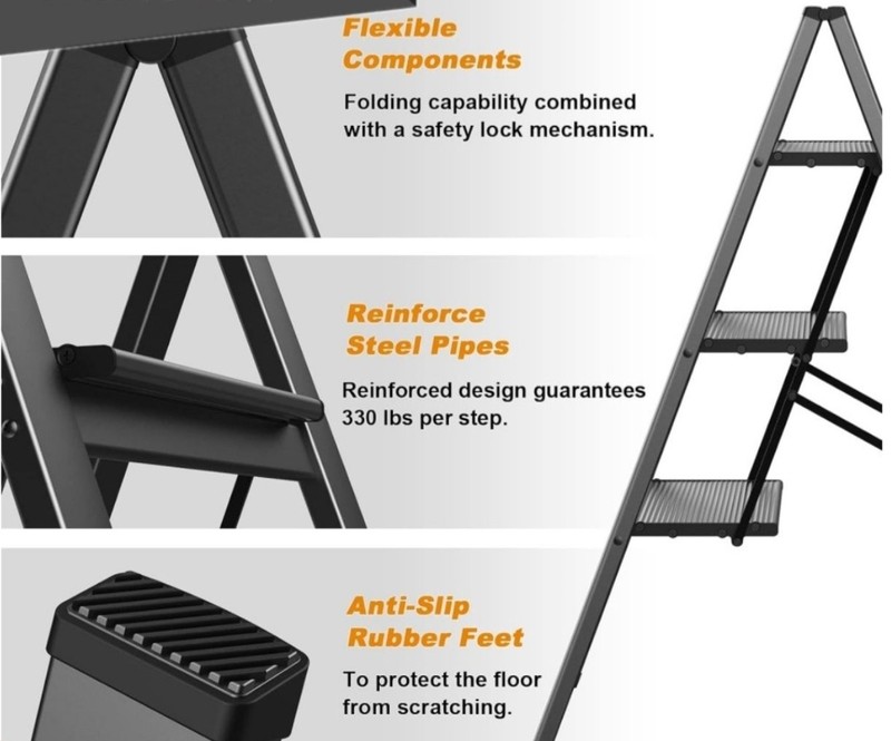 330lb 3 Step Ladder Folding Step Stool Carbon Steel w/ Wide Anti-Slip Pedal gallery