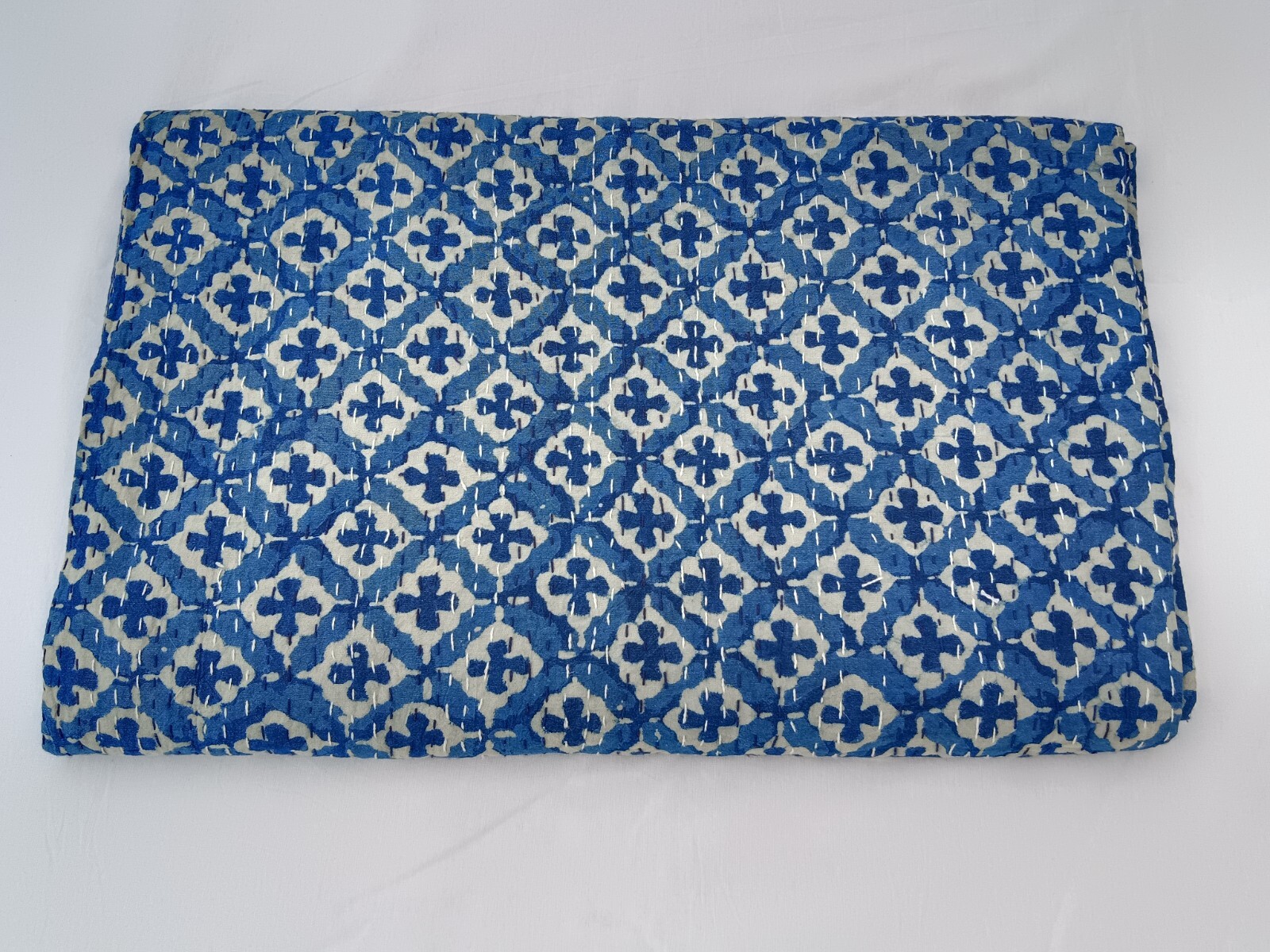 Handblock Printed Handmade Quilt Kantha Indian Blue Printed Set Bedspread Throw gallery