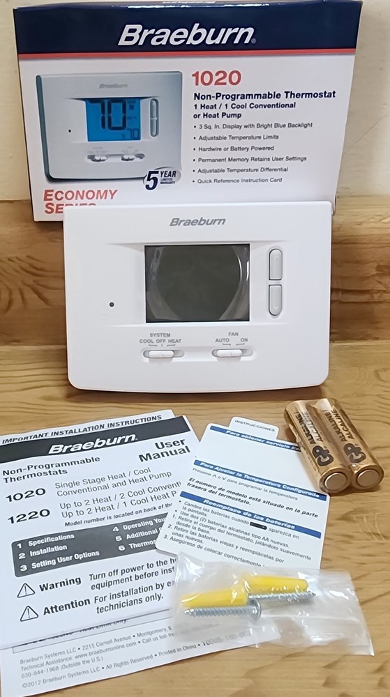 Braeburn Non-Programmable 1020 Thermostat 1-Heat 1-Cool Conventional Pump NEW