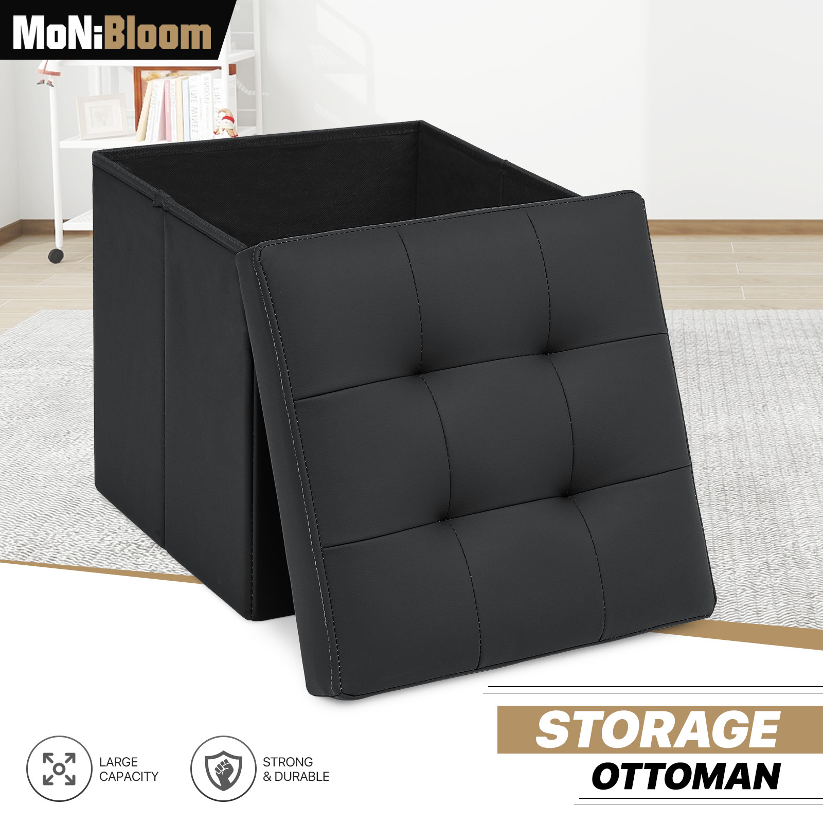 Faux Leather Black Storage Ottoman Classic Cube Seat Home Entryway Décor Benches gallery