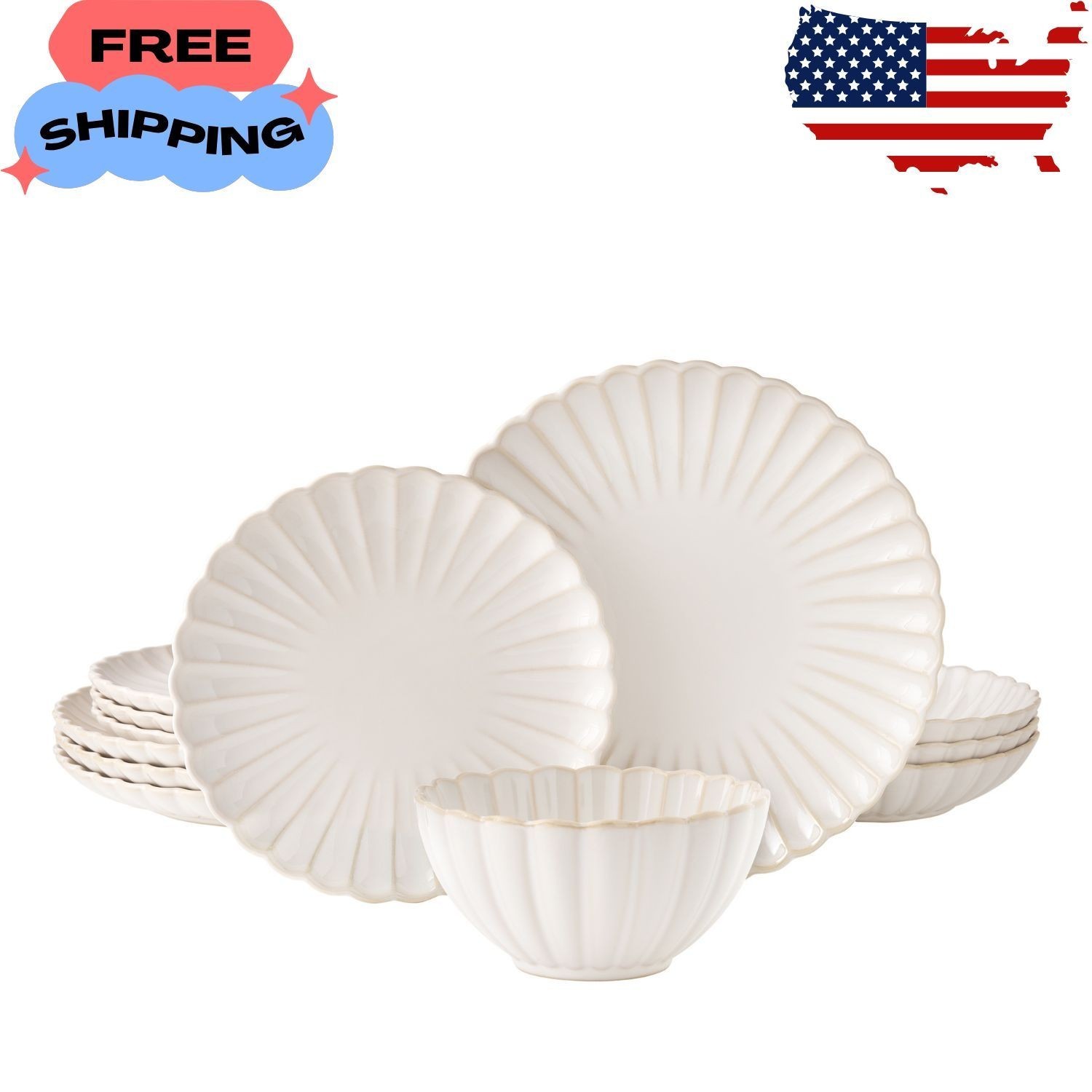 12-Piece Stoneware Dinnerware Set, Cream gallery