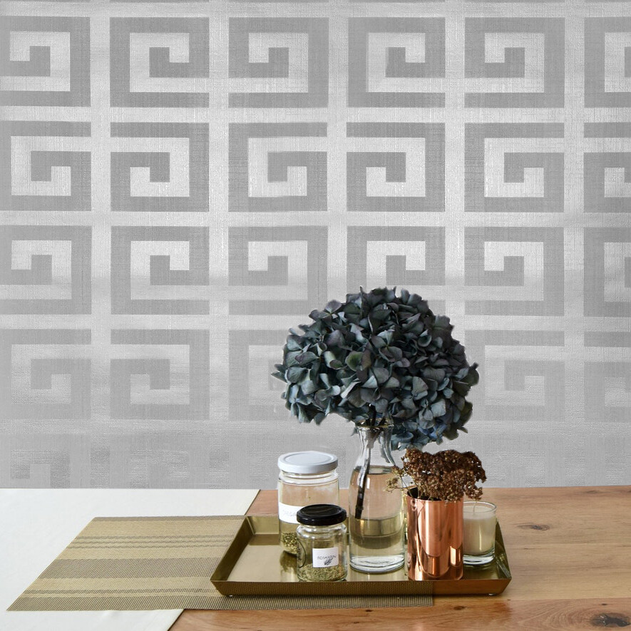 Geometric gray silver metallic matte greek key textured geo wallpaper 3D CR33400 gallery