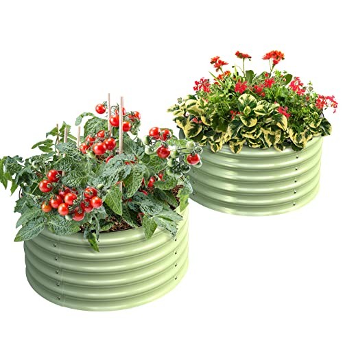 OLLE TWIN ROUND METAL GARDEN BEDS VEGETABLES 17" TALL 24" X 17" -SAGE GREEN gallery