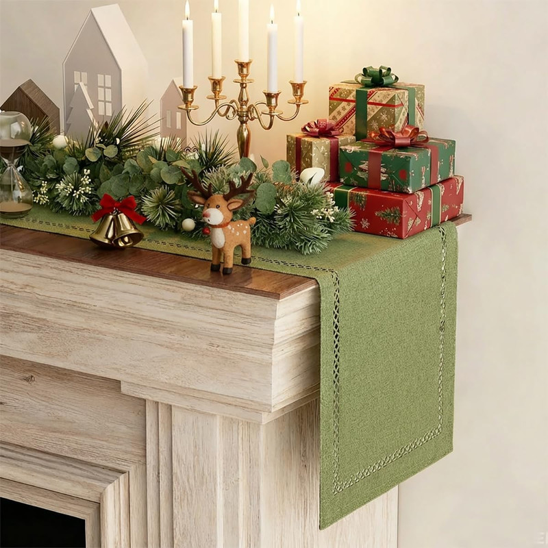 Burlap Style Farmhouse Table Runner, 13 X 48 Inch Sage Green, Rustic Geometric H gallery