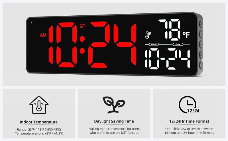 Large LED Digital Wall Clock with Date, Temperature, Auto-Brightness, Auto-DS... gallery