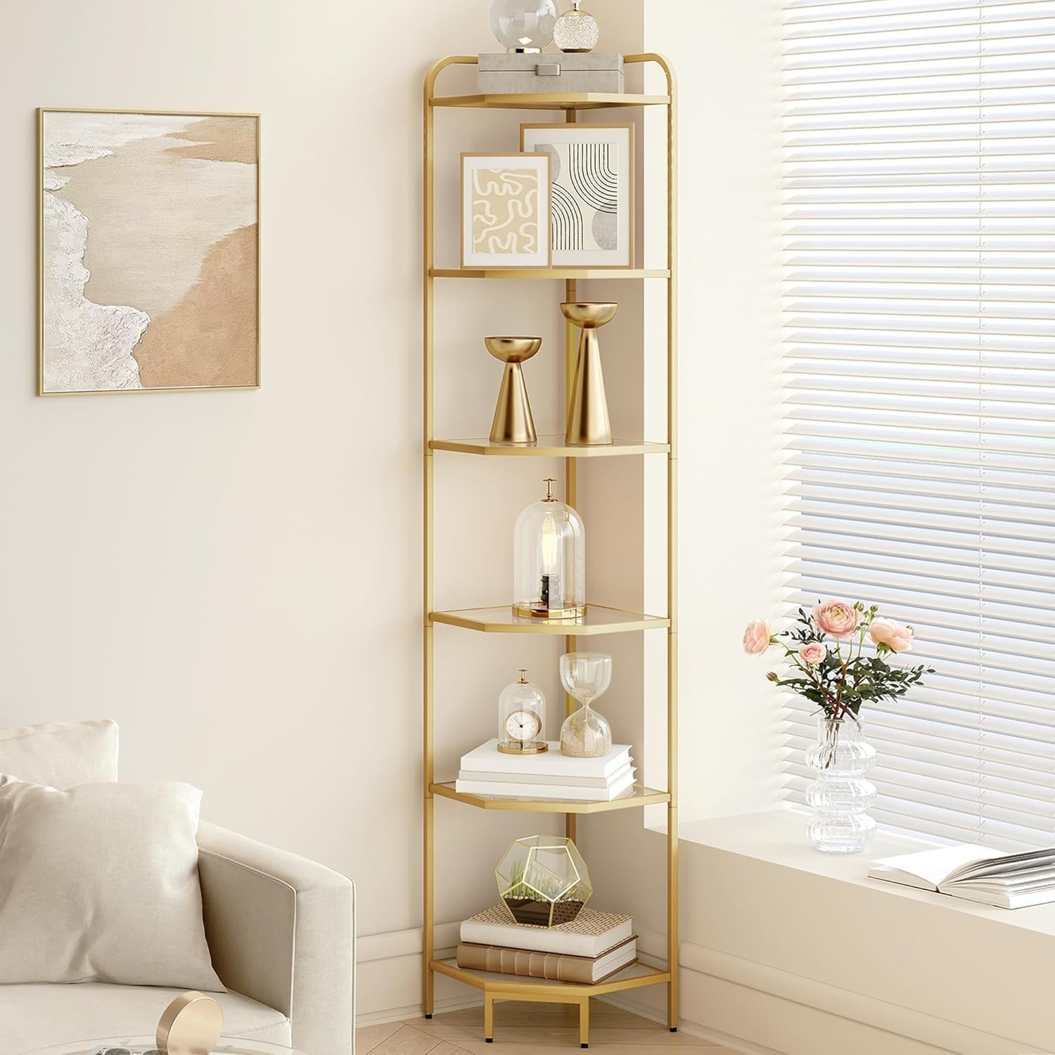 6-Tier Glass Bookshelf Bookcase,Corner Shelf Stand,Bathroom Organizer,Plant St.. gallery