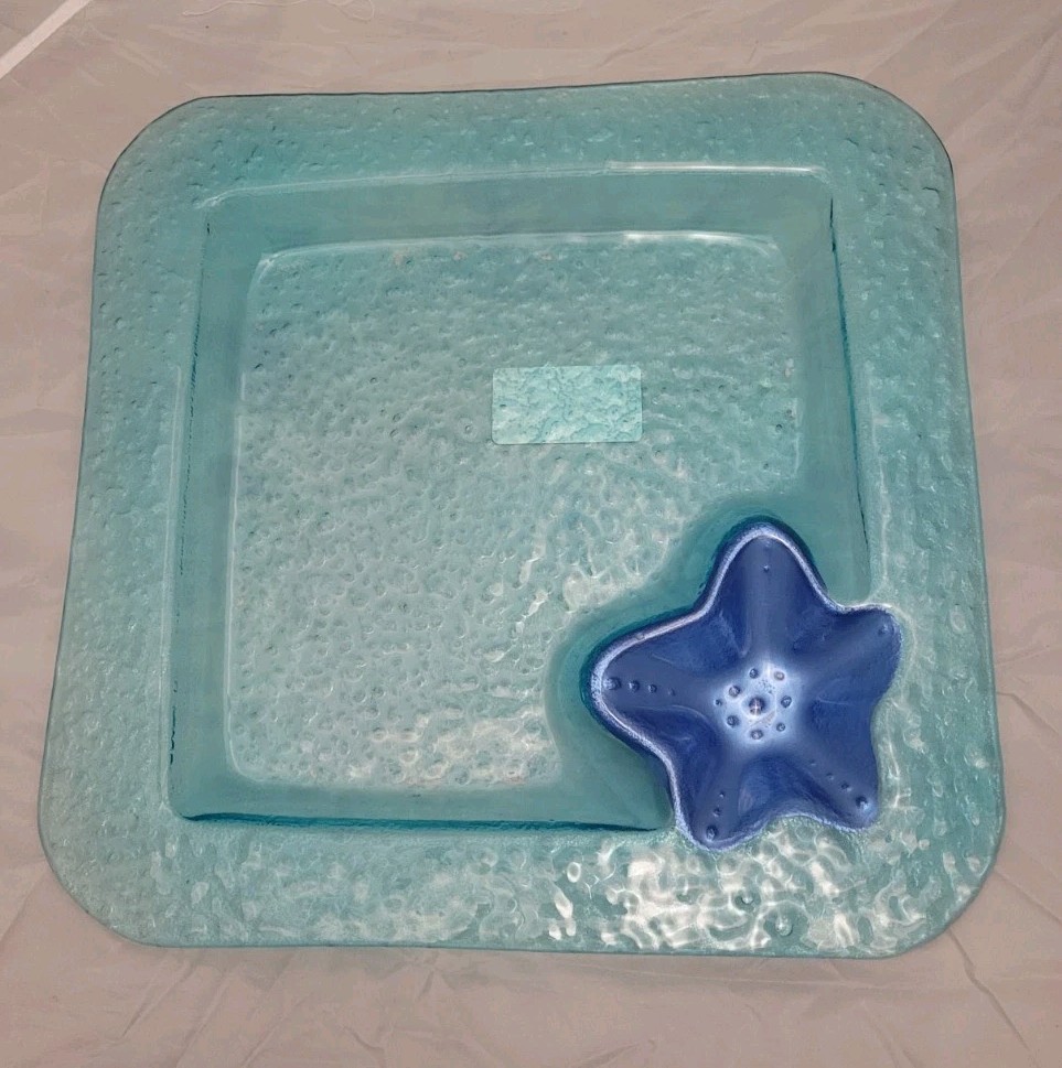 Iridescent Blue Starfish Auqa Blue Glass Chip & Dip 12½" Square Platter gallery