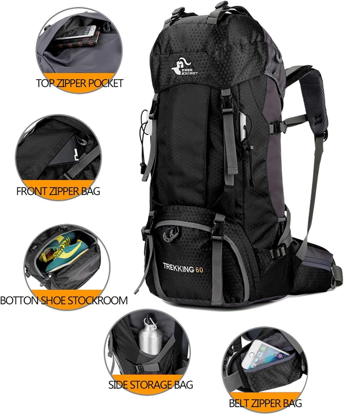 Durable 60L Camping Backpack - Water-Resistant with Multiple Utility Pockets 4