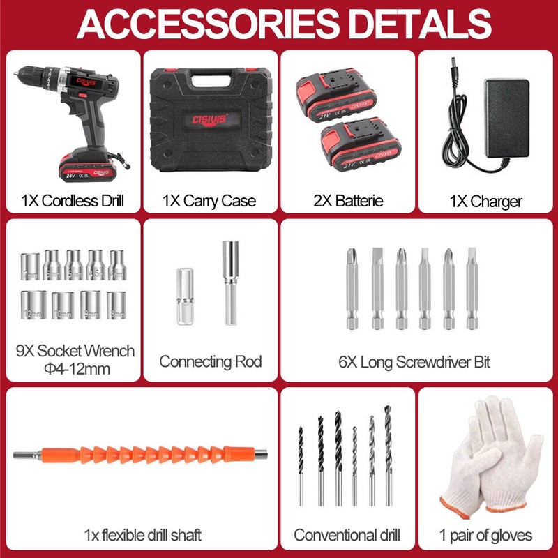24V Cordless Impact Driver Hammer Drill Combo Kit with 2 Battery & Charger. gallery