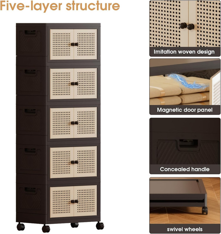 Foldable Plastic Storage Cabinet with Wheels, Rattan-Style Doors, Stackable Orga gallery