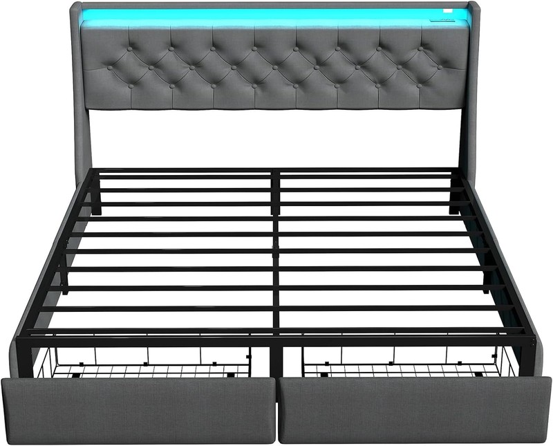 King Queen Full Size Bed Frame with Drawers & Charging & Headboard ＆ LED Lights gallery