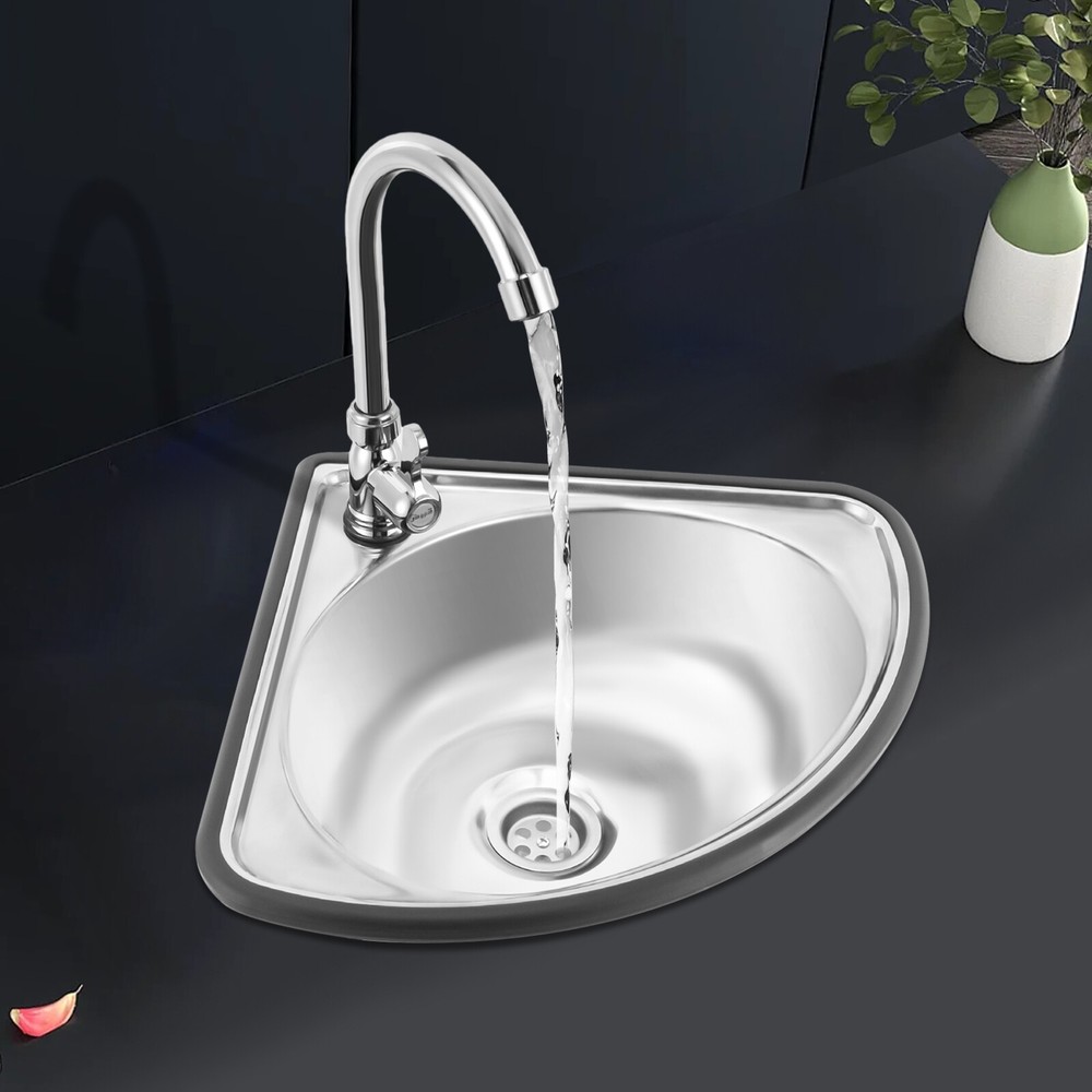Single Triangle Wash Basin, Corner Sink Small Bar Sink Stainless Steel w/ Faucet
