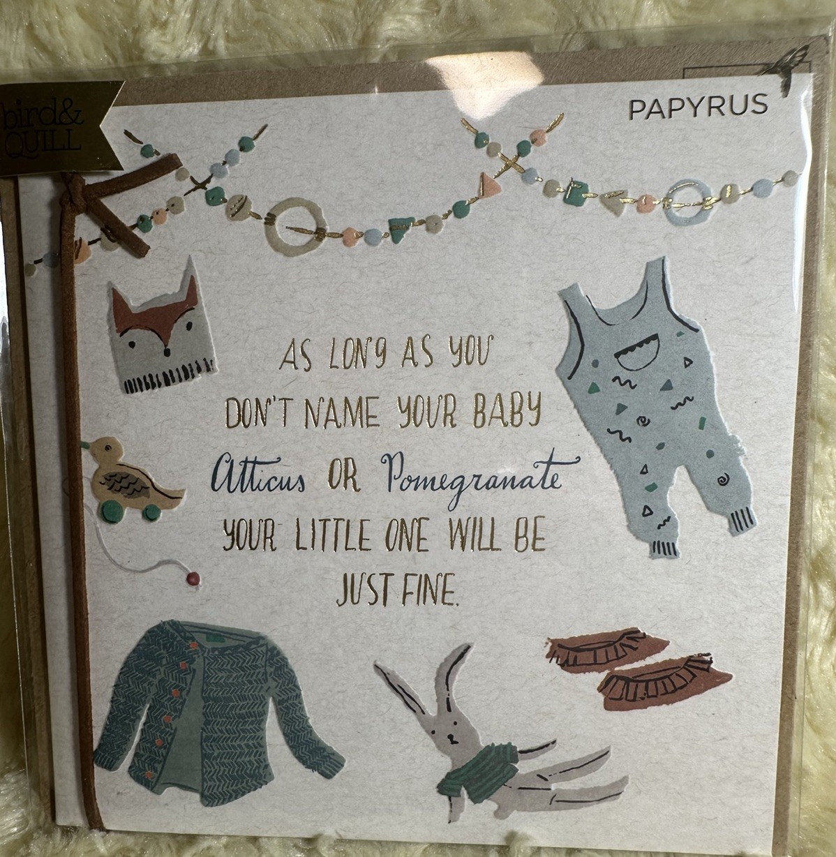 Papyrus Bird & Quill BABY SHOWER Card Don't Name Baby Atticus or Pomegranate gallery