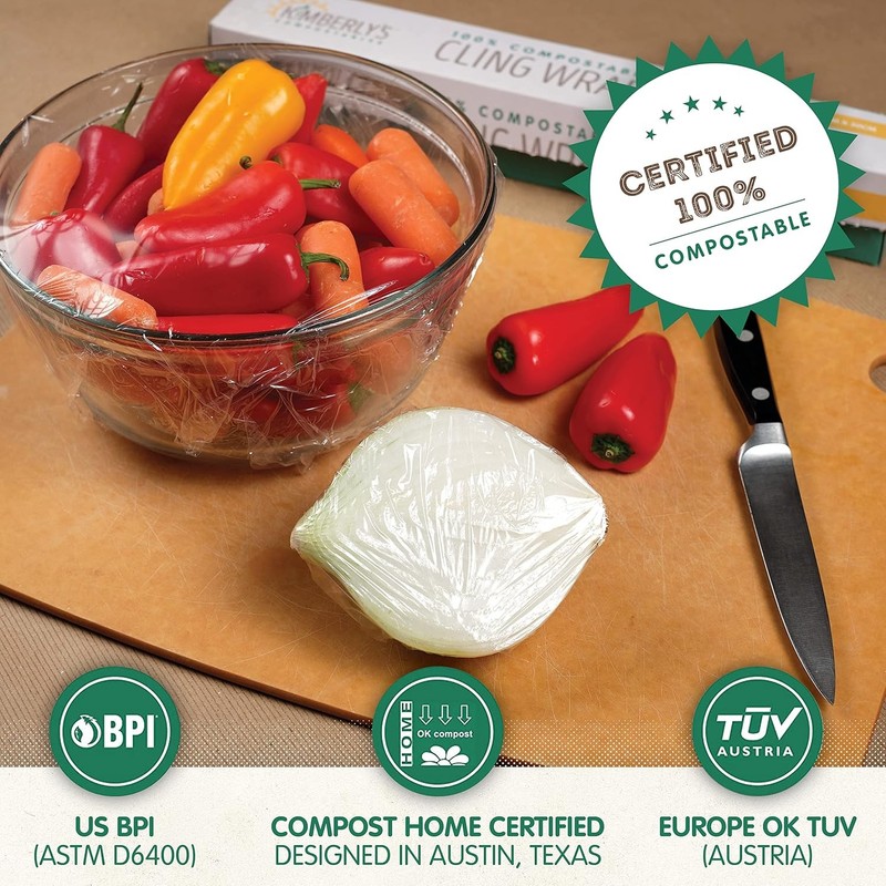 KC’s Compostable Cling Wrap – 99 ft × 12 in Roll, Extra-Thick 10 μm Plant-Based gallery