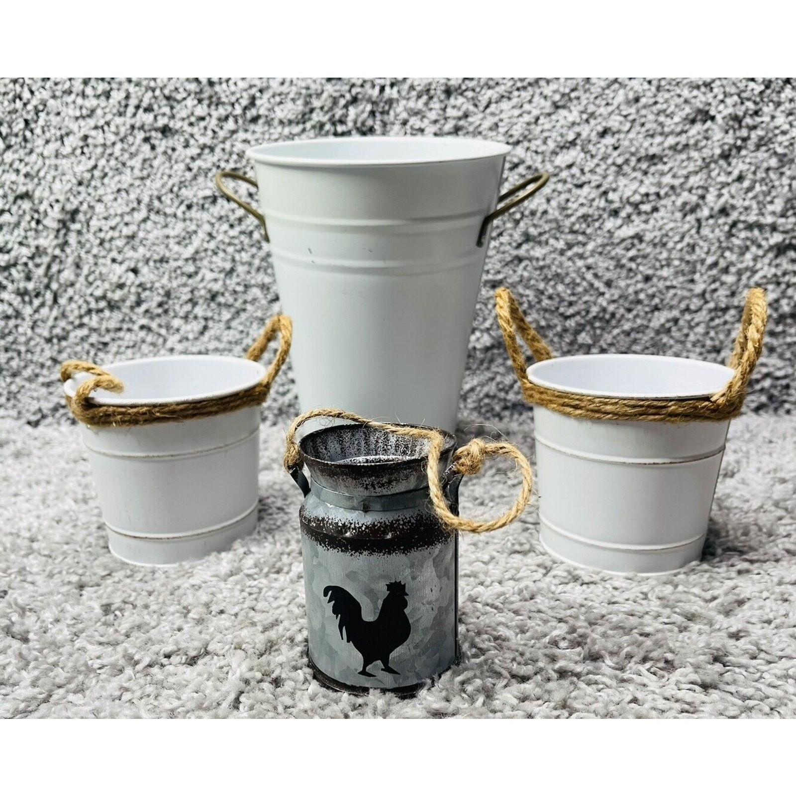 White Metal Bucket Container Round Farmhouse Bundle Of 4 Size Varies Home Decor gallery