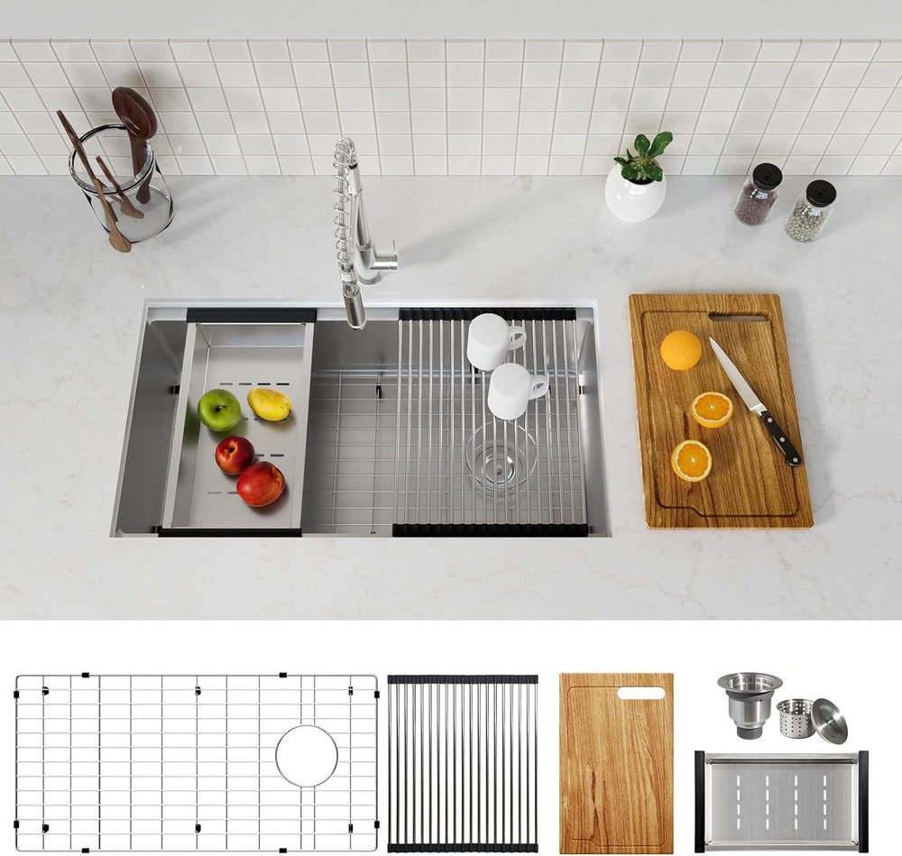 TECASA 32"x18" Workstation Sink Kitchen Sink Undermount 18 Gauge - Refurbished
