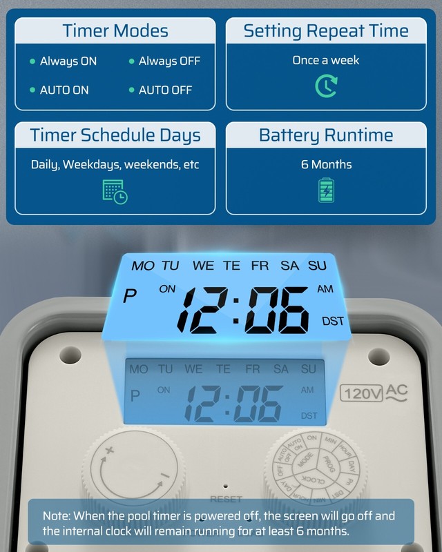 DEWENWILS Pool Timer, Outdoor Digital Timer Box, 2HP 40A 120VAC, 7-Day 12 ON/Off gallery