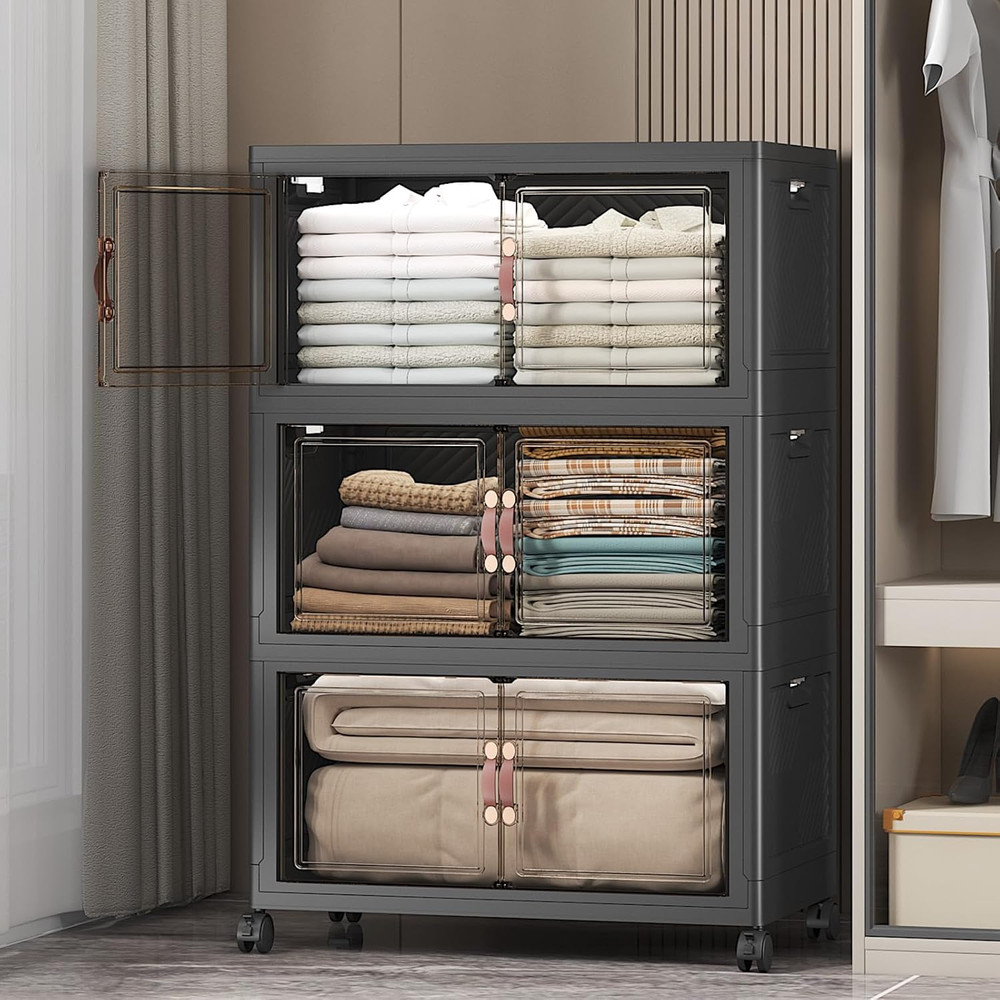 Extra Large Stackable Storage Bins with Lids & Wheels & Door,Foldable Collapsibl
