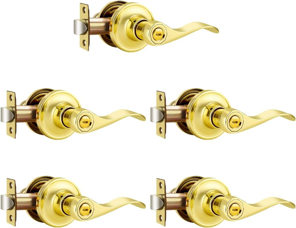 Bathroom Door Handle with Lock Gold, Brass Door Handles Interior 5 Pack, Heavy D gallery