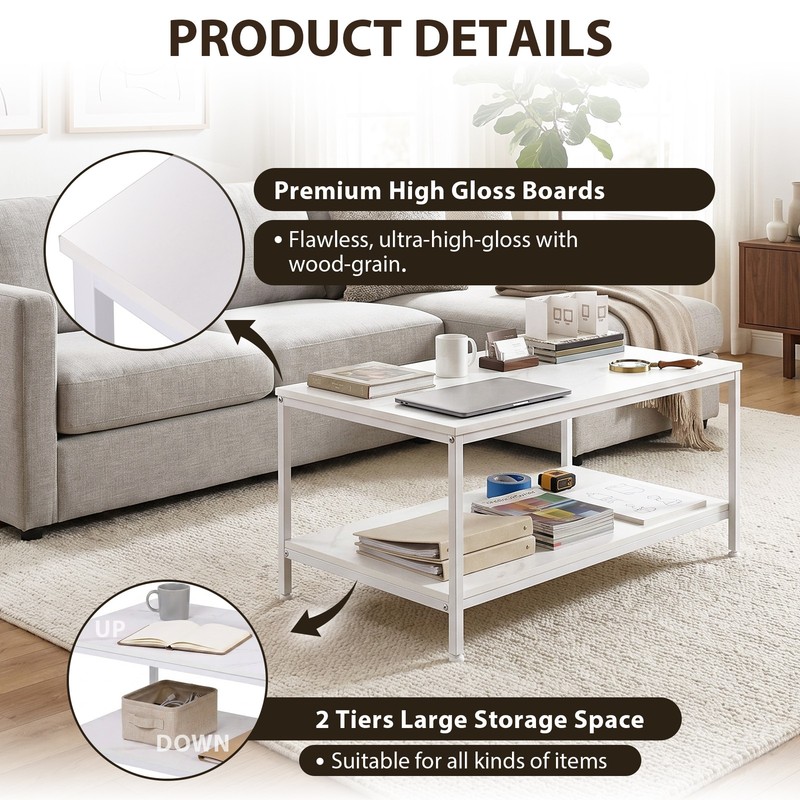 31'' Rectangle White Coffee Table with Storage Shelf Metal Feet for Living Room gallery