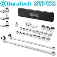 DURATECH Extra Long Flex Head Ratcheting Wrench Set 27PCS 8-22mm Socket Adapters