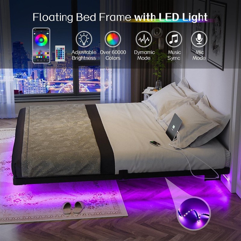 Size Floating Bed Frame, Metal Platform, with LED Light and Charging Station, No gallery