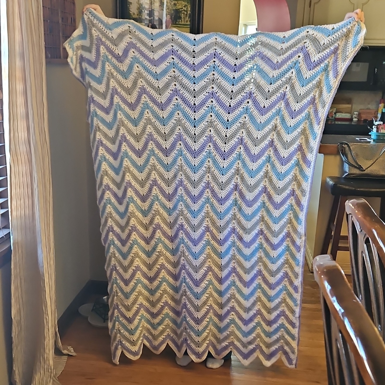 Handmade Crochet Chevron Sofa Throw Blanket Large White Blue Purple Gray gallery