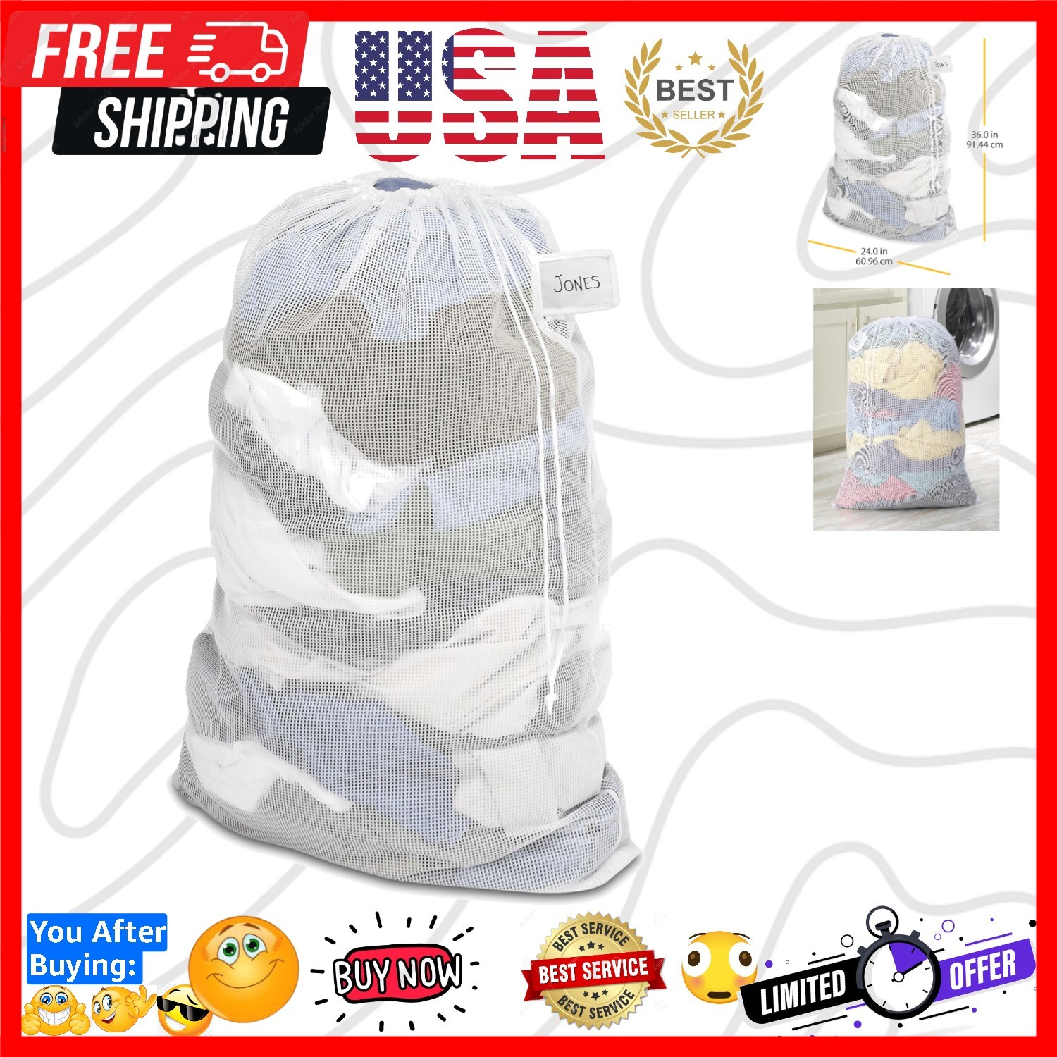 45 lb Capacity Mesh Laundry Bag w/ID Tag - Ideal for Travel & Easy Organization gallery